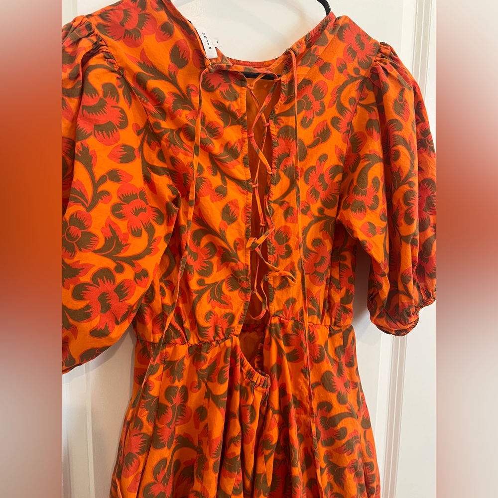 RHODE Molly Lace Up Back Dress Printed Puff Sleeve Bohemian Orange Flared New M - Picture 6 of 8